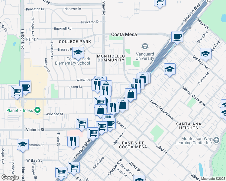 map of restaurants, bars, coffee shops, grocery stores, and more near in Costa Mesa