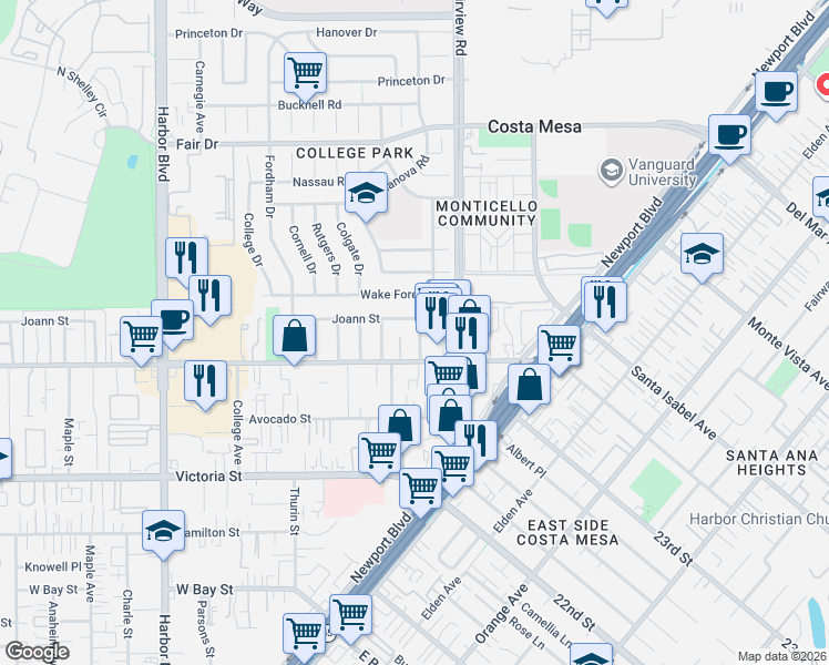 map of restaurants, bars, coffee shops, grocery stores, and more near 2268 Columbia Drive in Costa Mesa