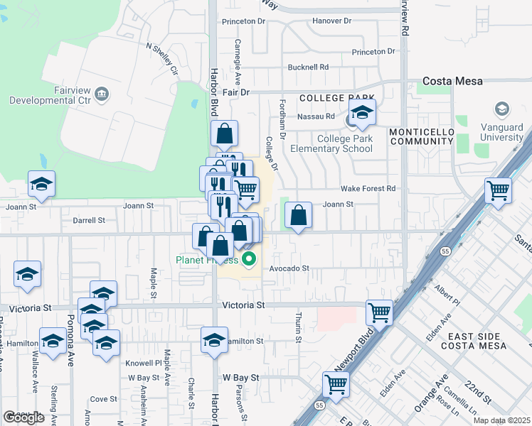 map of restaurants, bars, coffee shops, grocery stores, and more near 398 West Wilson Street in Costa Mesa