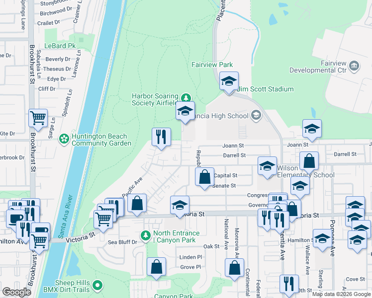 map of restaurants, bars, coffee shops, grocery stores, and more near 994 Trabuco Circle in Costa Mesa