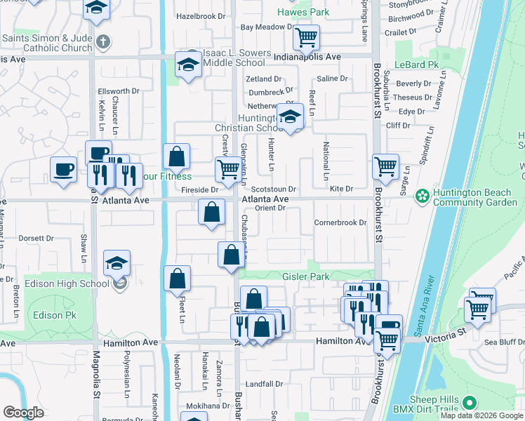 map of restaurants, bars, coffee shops, grocery stores, and more near 21052 Red Jacket Circle in Huntington Beach