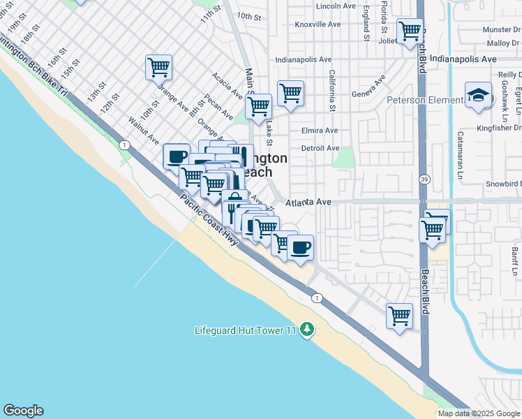map of restaurants, bars, coffee shops, grocery stores, and more near 220 2nd Street in Huntington Beach