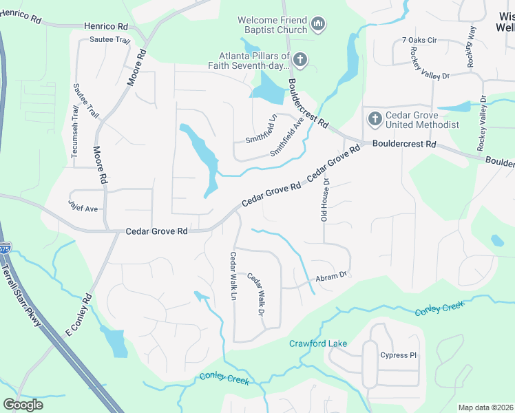 map of restaurants, bars, coffee shops, grocery stores, and more near 4161 Cedar Commons Way in Conley