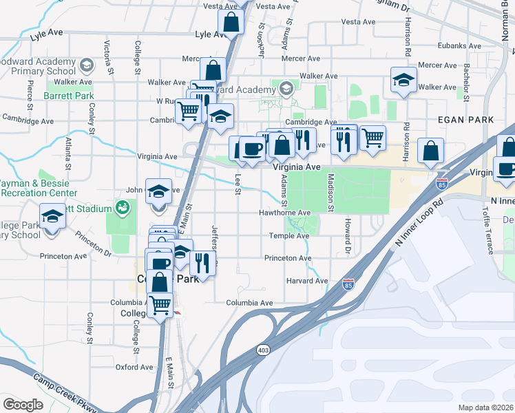 map of restaurants, bars, coffee shops, grocery stores, and more near 1695 Hawthorne Avenue in College Park