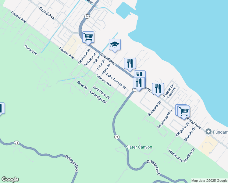 map of restaurants, bars, coffee shops, grocery stores, and more near 15730 Shadow Mountain Lane in Lake Elsinore