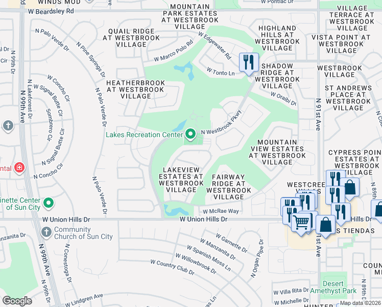 map of restaurants, bars, coffee shops, grocery stores, and more near 9646 West Wescott Drive in Peoria