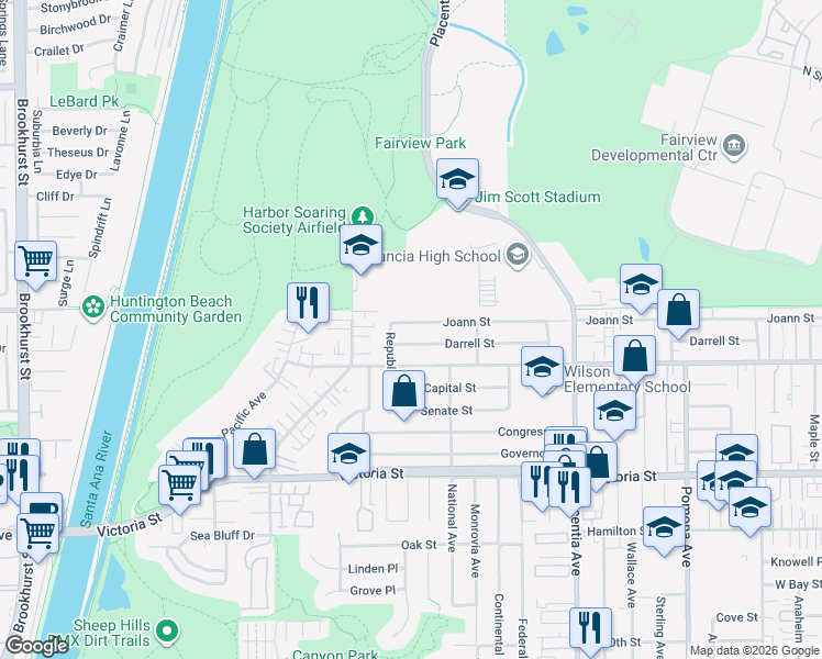 map of restaurants, bars, coffee shops, grocery stores, and more near 947 Joann Street in Costa Mesa