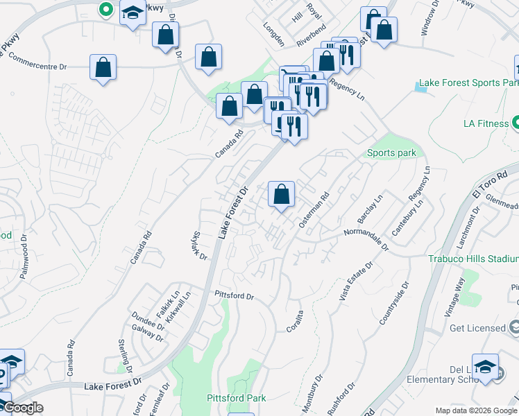 map of restaurants, bars, coffee shops, grocery stores, and more near 26362 Moorsview in Lake Forest