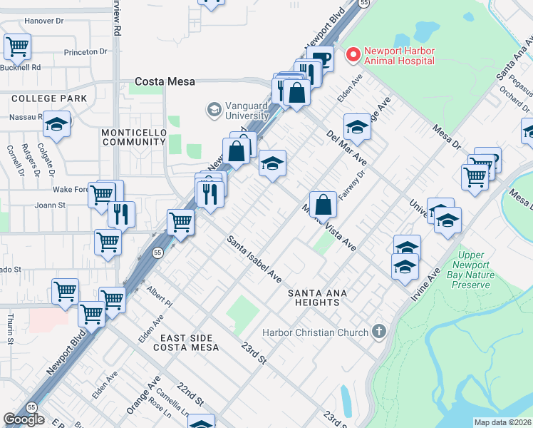 map of restaurants, bars, coffee shops, grocery stores, and more near 2461 Orange Avenue in Costa Mesa