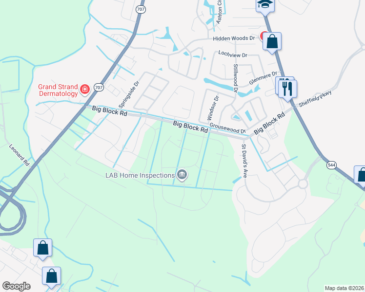map of restaurants, bars, coffee shops, grocery stores, and more near 4053 Grousewood Drive in Myrtle Beach