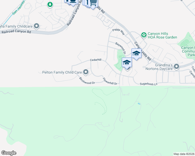 map of restaurants, bars, coffee shops, grocery stores, and more near 31927 Manzanita Lane in Lake Elsinore