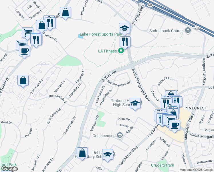 map of restaurants, bars, coffee shops, grocery stores, and more near 27182 Coachman Way in Lake Forest