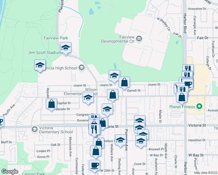 map of restaurants, bars, coffee shops, grocery stores, and more near 755 Joann Street in Costa Mesa