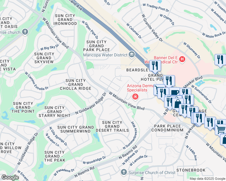 map of restaurants, bars, coffee shops, grocery stores, and more near 19064 North Mira Bello Road in Surprise