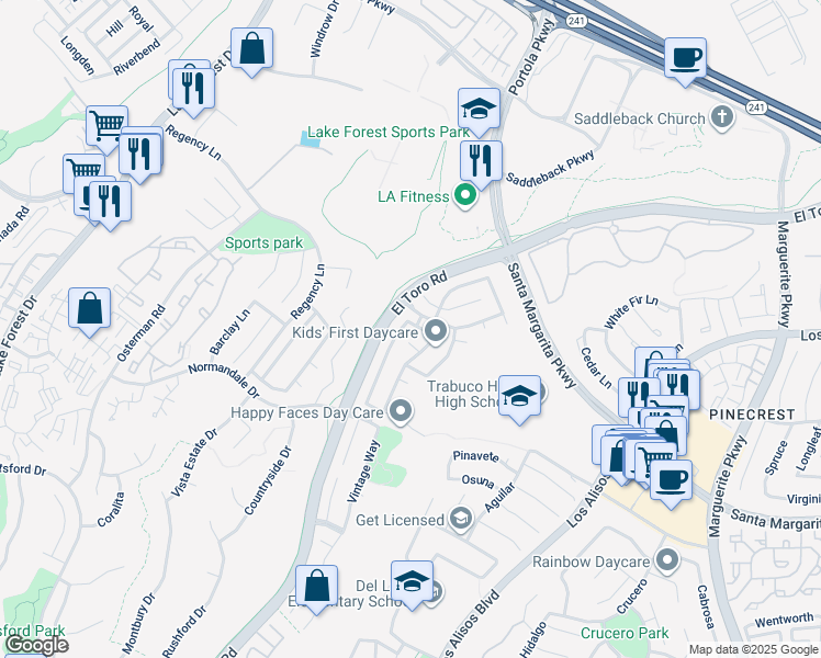 map of restaurants, bars, coffee shops, grocery stores, and more near 27182 Coachman Way in Lake Forest