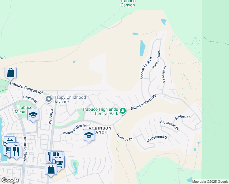 map of restaurants, bars, coffee shops, grocery stores, and more near 21036 Pennington Lane in Trabuco Canyon