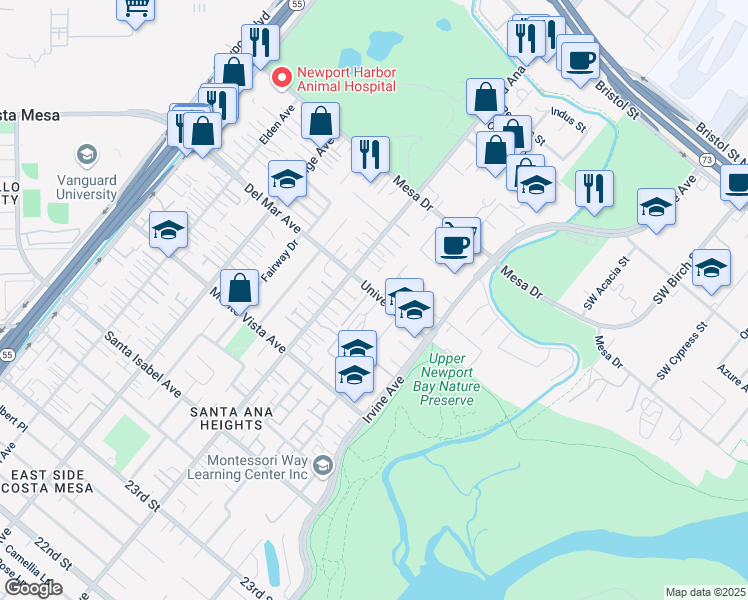 map of restaurants, bars, coffee shops, grocery stores, and more near 335 University Drive in Costa Mesa