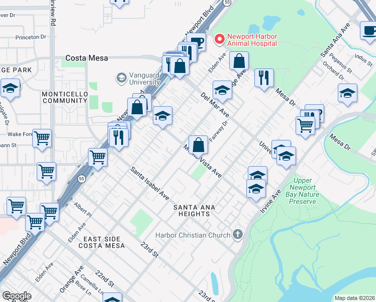 map of restaurants, bars, coffee shops, grocery stores, and more near 232 Monte Vista Avenue in Costa Mesa