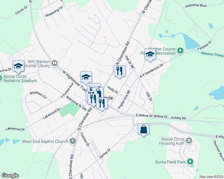 map of restaurants, bars, coffee shops, grocery stores, and more near 151 Holly Street in Social Circle
