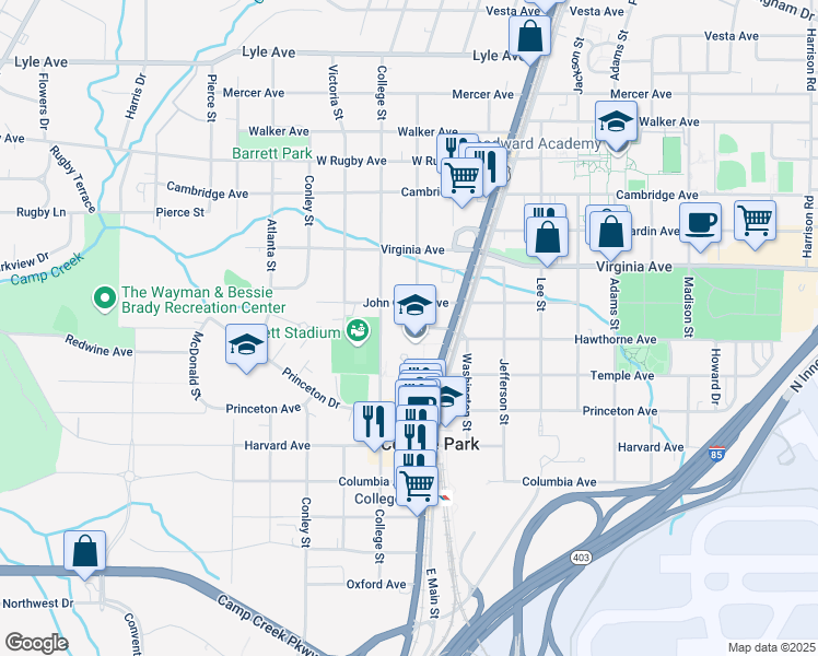 map of restaurants, bars, coffee shops, grocery stores, and more near 3605 Main Street in Atlanta