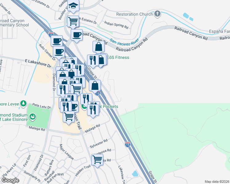map of restaurants, bars, coffee shops, grocery stores, and more near 15640 Vista Way in Lake Elsinore