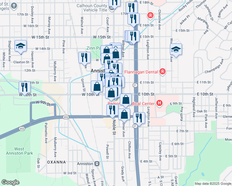map of restaurants, bars, coffee shops, grocery stores, and more near 1005 Noble Street in Anniston