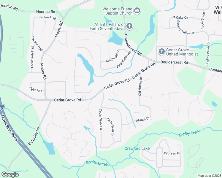 map of restaurants, bars, coffee shops, grocery stores, and more near 4161 Cedar Commons Way in Conley