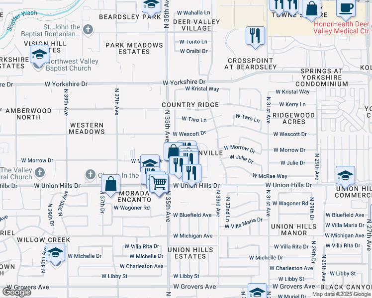 map of restaurants, bars, coffee shops, grocery stores, and more near 3401 West Morrow Drive in Phoenix