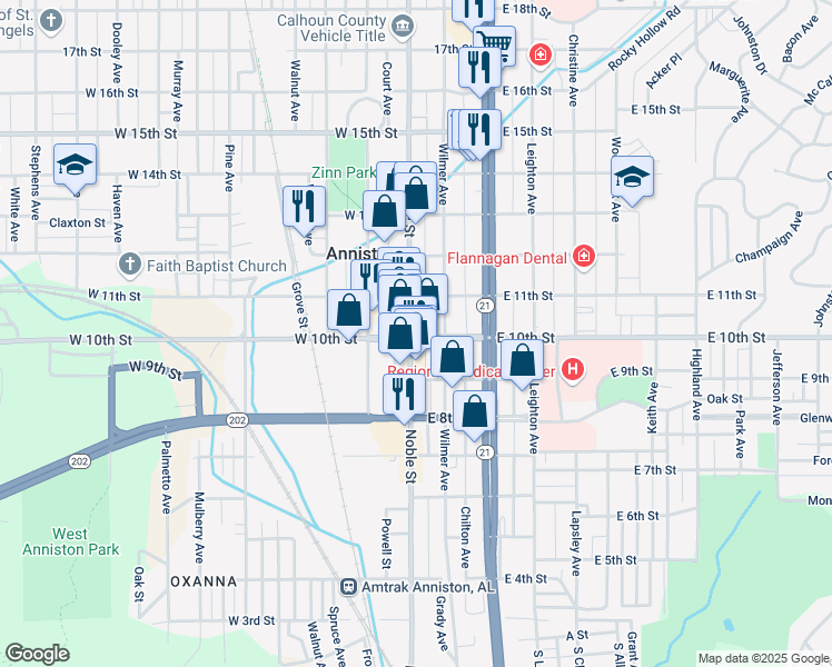 map of restaurants, bars, coffee shops, grocery stores, and more near 1001 Noble Street in Anniston