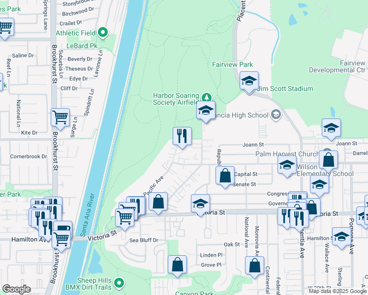 map of restaurants, bars, coffee shops, grocery stores, and more near 1024 Sea Breeze Drive in Costa Mesa