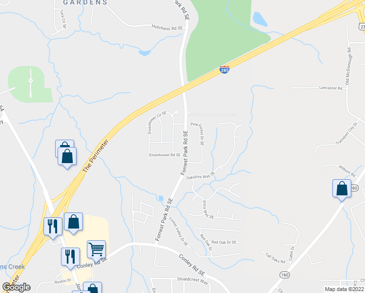 map of restaurants, bars, coffee shops, grocery stores, and more near 3561 Forrest Park Road Southeast in Atlanta