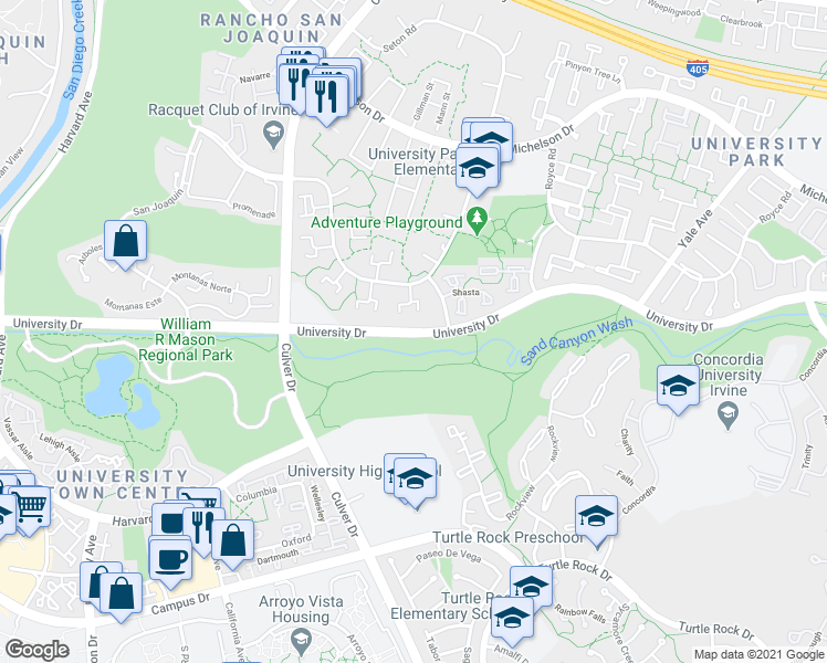 map of restaurants, bars, coffee shops, grocery stores, and more near 4285 University Drive in Irvine