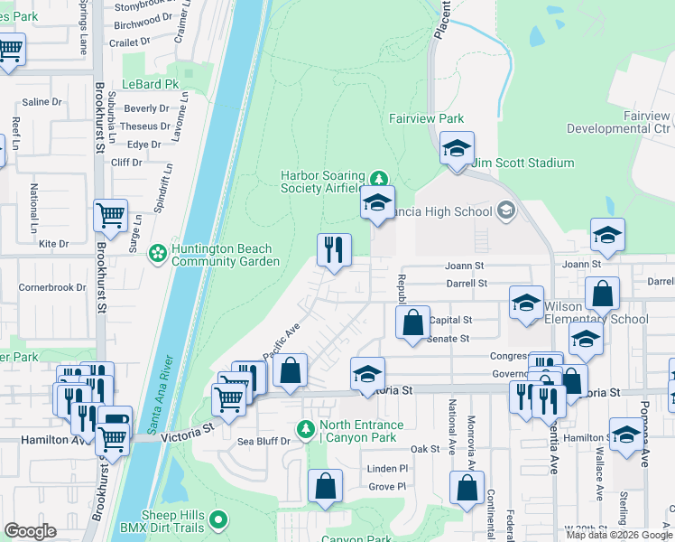 map of restaurants, bars, coffee shops, grocery stores, and more near 2281 Canyon Drive in Costa Mesa