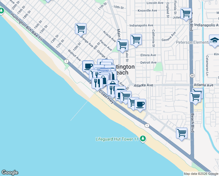map of restaurants, bars, coffee shops, grocery stores, and more near in Huntington Beach