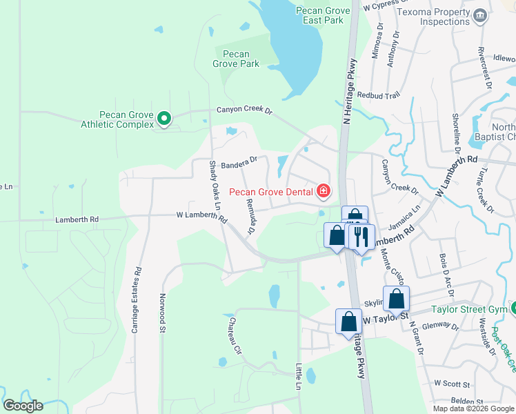 map of restaurants, bars, coffee shops, grocery stores, and more near 2427 Remuda Drive in Sherman