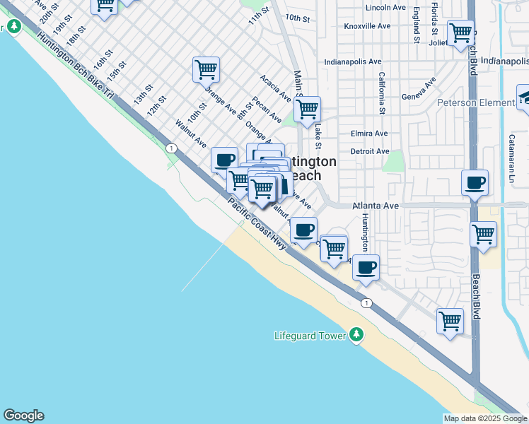 map of restaurants, bars, coffee shops, grocery stores, and more near 234 California 1 in Huntington Beach