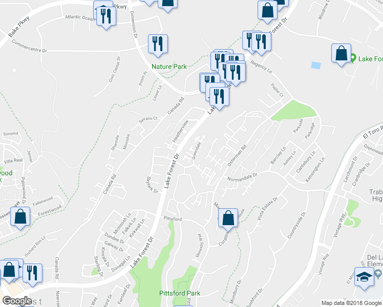 map of restaurants, bars, coffee shops, grocery stores, and more near 26325 Loch Glen in Lake Forest