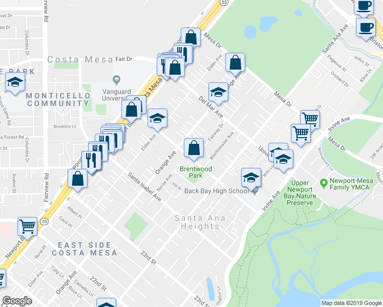 map of restaurants, bars, coffee shops, grocery stores, and more near 228 Monte Vista Avenue in Costa Mesa
