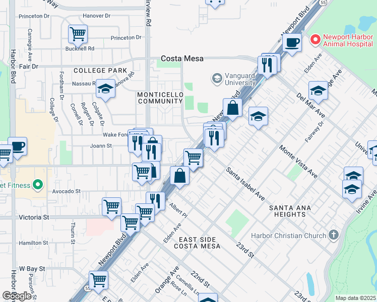 map of restaurants, bars, coffee shops, grocery stores, and more near 2359 Newport Boulevard in Costa Mesa