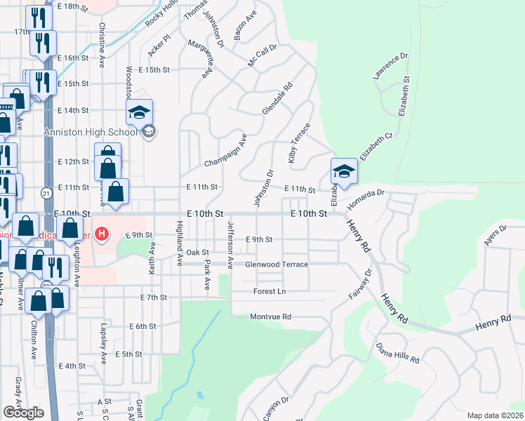 map of restaurants, bars, coffee shops, grocery stores, and more near 1312 East 10th Street in Anniston