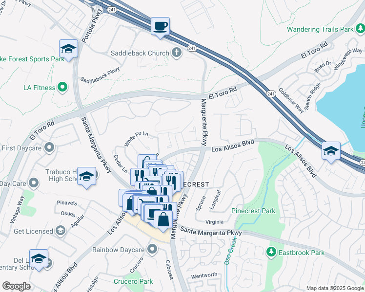 map of restaurants, bars, coffee shops, grocery stores, and more near 21061 Lacebark Lane in Mission Viejo
