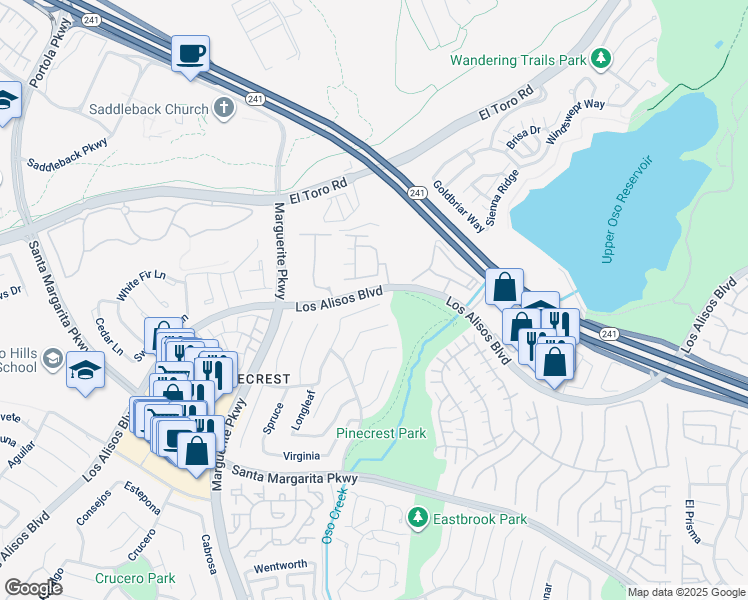 map of restaurants, bars, coffee shops, grocery stores, and more near 21015 Ponderosa in Mission Viejo