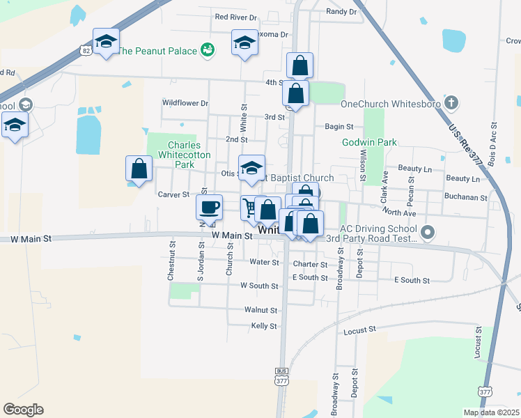 map of restaurants, bars, coffee shops, grocery stores, and more near 211 North College Street in Whitesboro