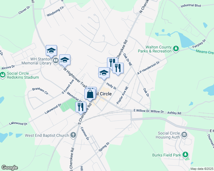 map of restaurants, bars, coffee shops, grocery stores, and more near 151 Holly Street in Social Circle