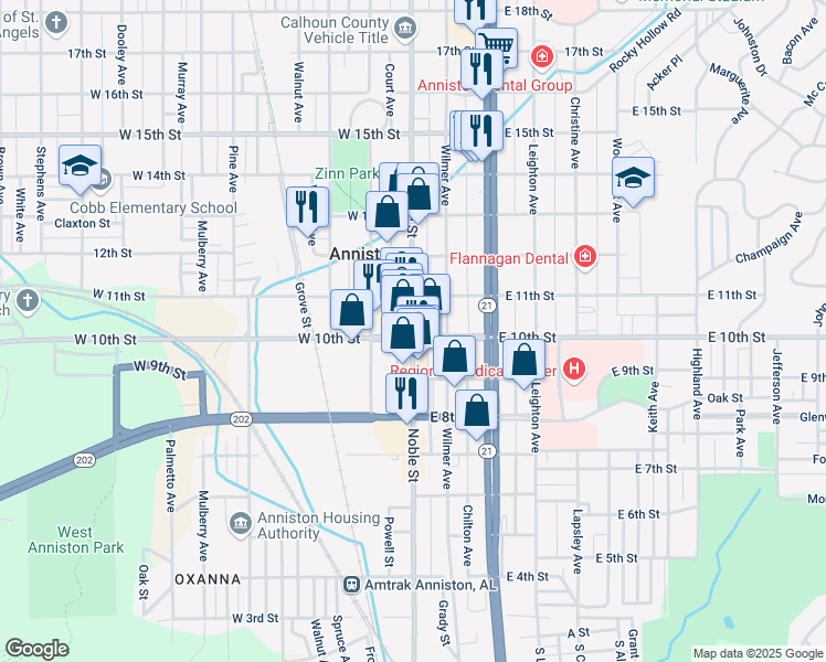 map of restaurants, bars, coffee shops, grocery stores, and more near 1005 Noble Street in Anniston