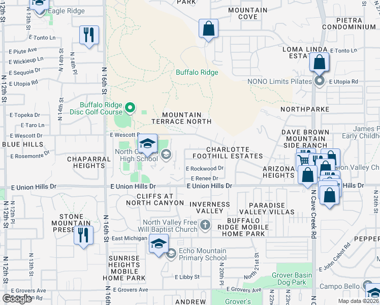 map of restaurants, bars, coffee shops, grocery stores, and more near 1940 East Rosemonte Drive in Phoenix