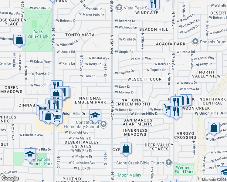map of restaurants, bars, coffee shops, grocery stores, and more near 1507 West Morrow Drive in Phoenix