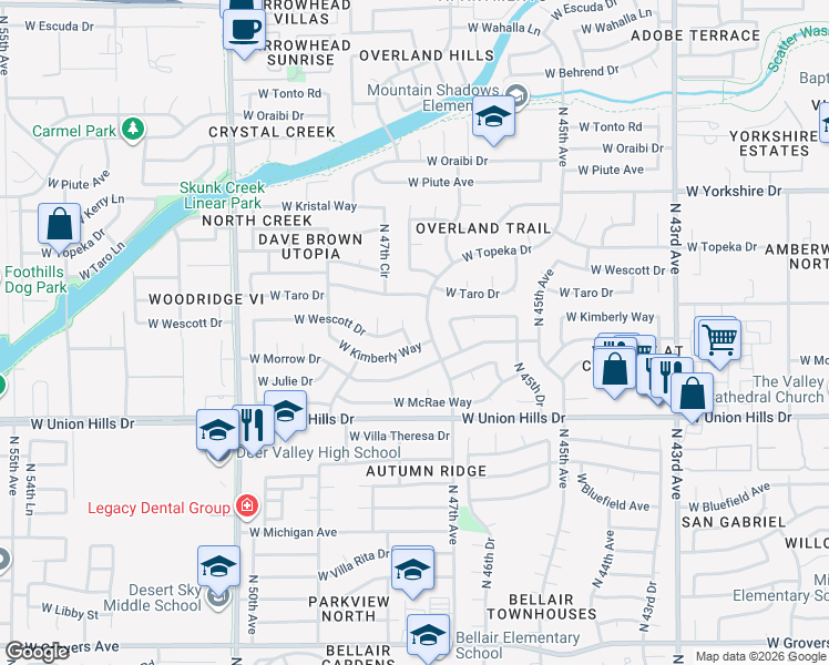map of restaurants, bars, coffee shops, grocery stores, and more near 4726 West Kimberly Way in Glendale