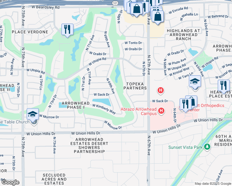 map of restaurants, bars, coffee shops, grocery stores, and more near 18899 North 69th Avenue in Glendale