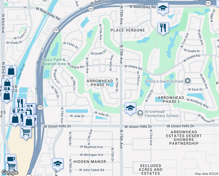 map of restaurants, bars, coffee shops, grocery stores, and more near 19030 North 76th Avenue in Glendale